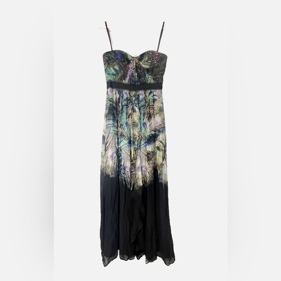 BCBMax Azria Tae Midnight Palm Print Silk Evening Gown Flowy Size 08 - Picture 3 of 13